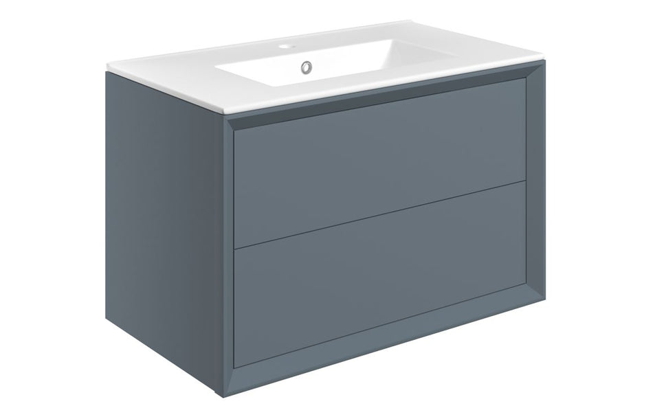 Opulent Kenilworth 810mm Wall Hung 2 Drawer Basin Unit and 1 Tap Hole Thin Edge Basin - Matt Storm Blue (OBC108468)
