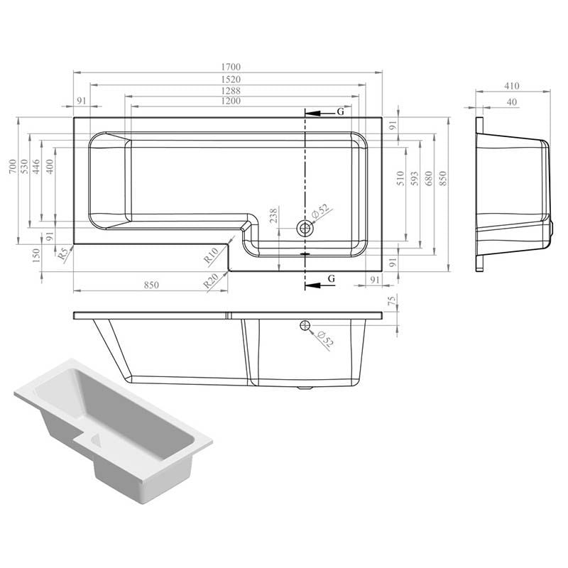 Opulent L-Shape 1700x700-850x410mm Shower Bath, Panel and Screen - Right Hand (OBC2960)