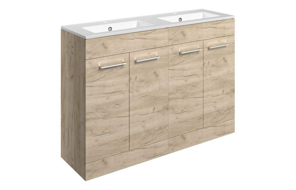 Opulent Leo 1210mm Floor Standing 4 Door Basin Unit and 2 Tap Hole Thin Edge Basin - Oak (OBC111367)