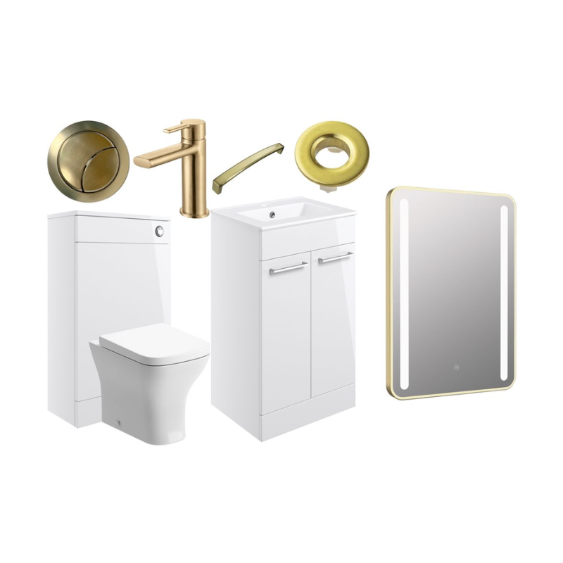 Opulent Leo 510mm Floor Standing Furniture Pack - White Gloss with Brushed Brass Finishes (OBC108134)