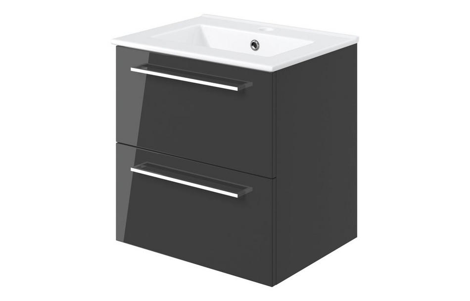 Opulent Leo 510mm Wall Hung 2 Drawer Basin Unit and 1 Tap Hole Thin Edge Basin - Anthracite Gloss (OBC103325)