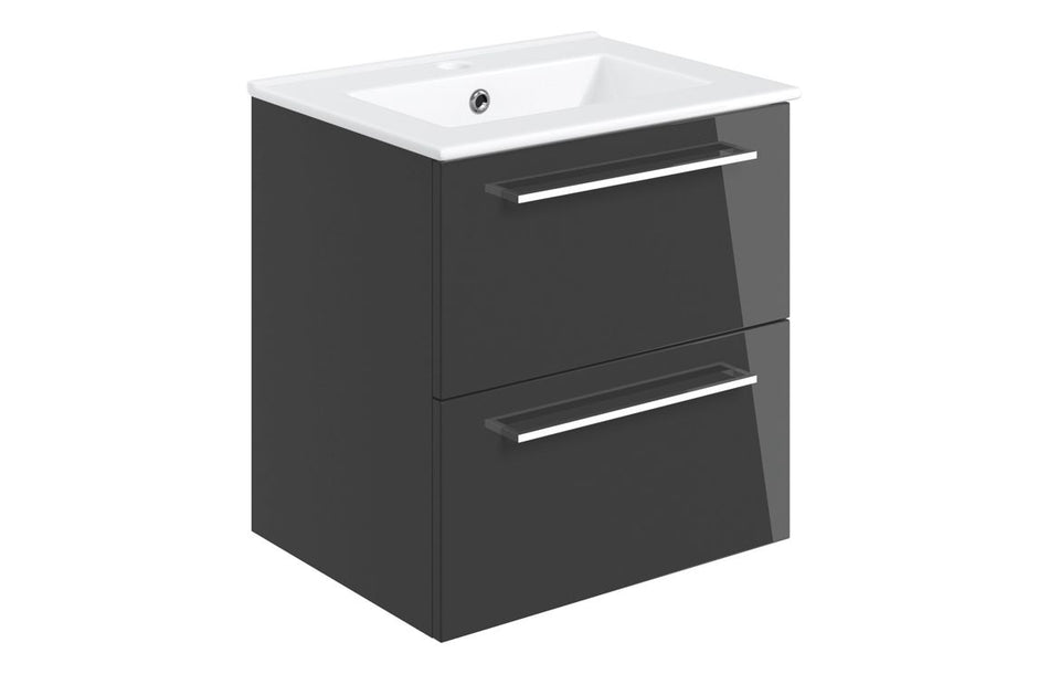 Opulent Leo 510mm Wall Hung 2 Drawer Basin Unit and 1 Tap Hole Thin Edge Basin - Anthracite Gloss (OBC103325)