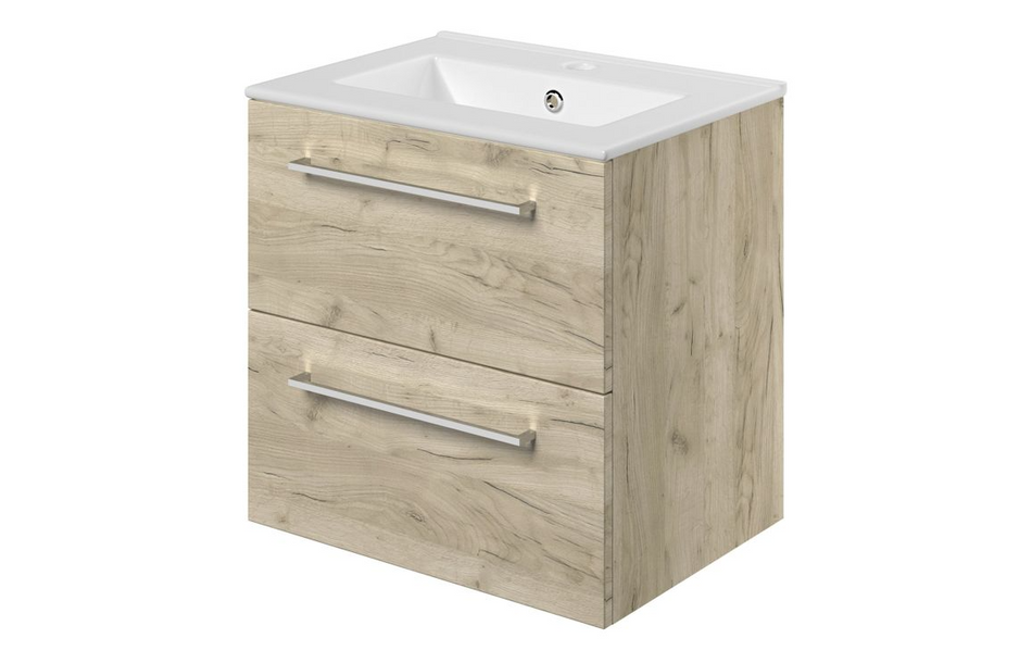 Opulent Leo 510mm Wall Hung 2 Drawer Basin Unit and 1 Tap Hole Thin Edge Basin - Oak (OBC107490)