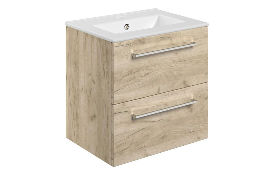 Opulent Leo 510mm Wall Hung 2 Drawer Basin Unit and 1 Tap Hole Thin Edge Basin - Oak (OBC107490)