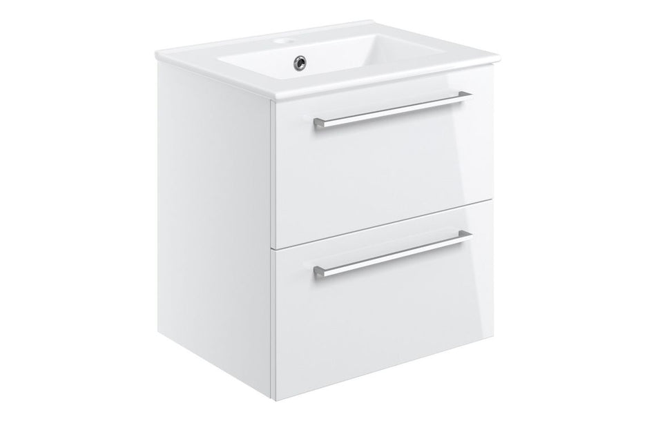 Opulent Leo 510mm Wall Hung 2 Drawer Basin Unit and 1 Tap Hole Thin Edge Basin - White Gloss (OBC103323)