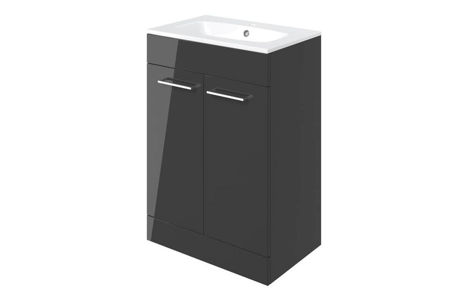 Opulent Leo 610mm Floor Standing 2 Door Basin Unit and 1 Tap Hole Thin Edge Basin - Anthracite Gloss (OBC103328)