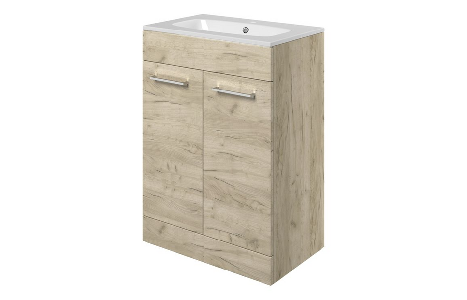Opulent Leo 610mm Floor Standing 2 Door Basin Unit and 1 Tap Hole Thin Edge Basin - Oak (OBC107487)