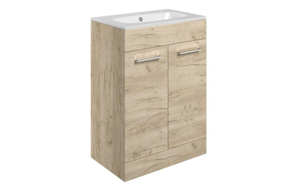 Opulent Leo 610mm Floor Standing 2 Door Basin Unit and 1 Tap Hole Thin Edge Basin - Oak (OBC107487)