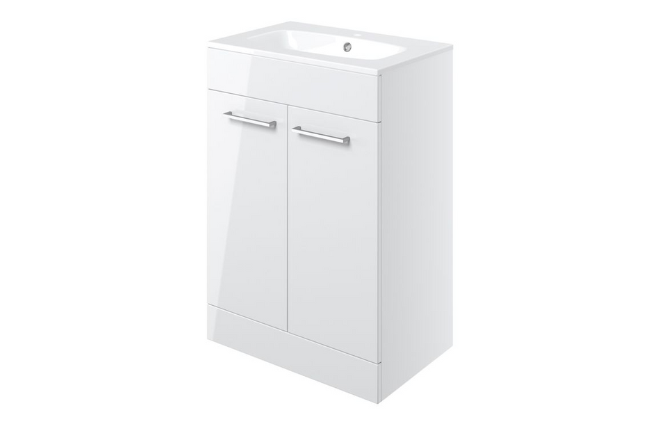 Opulent Leo 610mm Floor Standing 2 Door Basin Unit and 1 Tap Hole Thin Edge Basin - White Gloss (OBC103326)