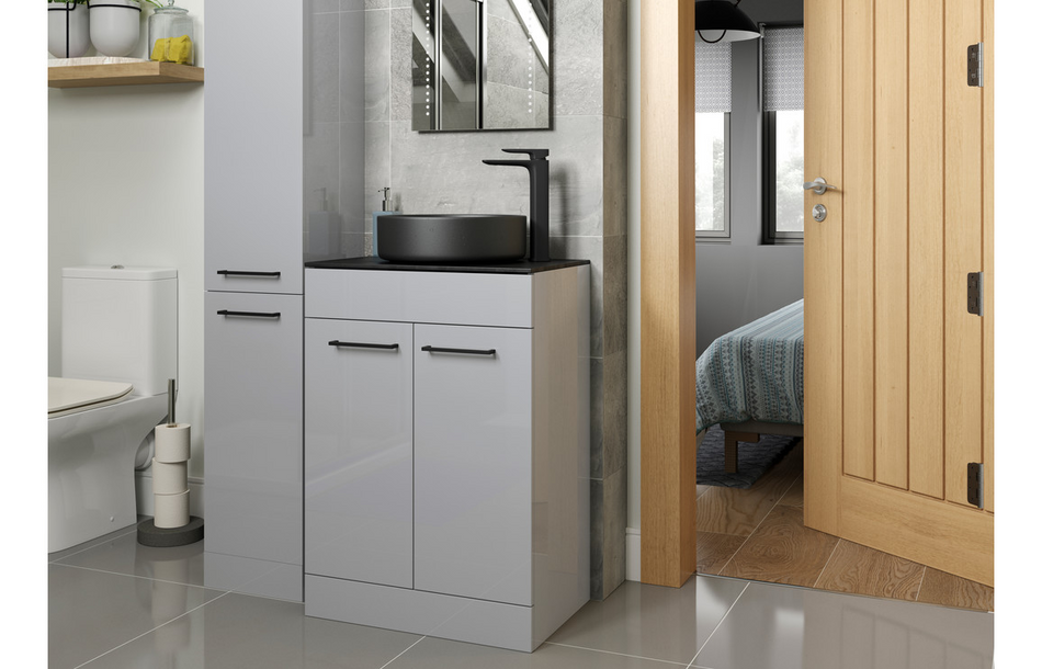Opulent Leo 610mm Floor Standing 2 Door Basin Unit and No Tap Hole Thin Edge Basin - Grey Gloss (OBC111349)