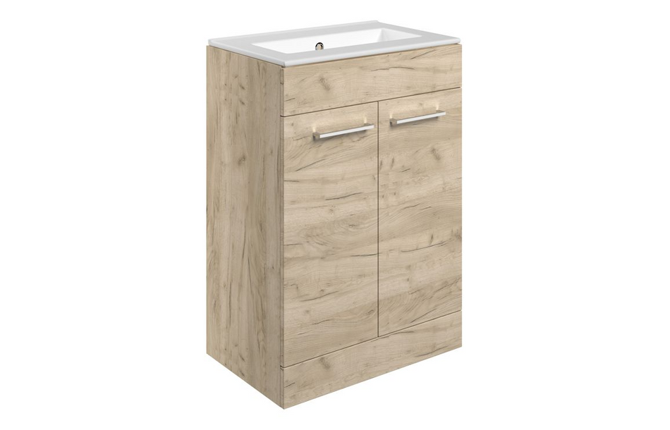Opulent Leo 610mm Floor Standing 2 Door Basin Unit and No Tap Hole Thin Edge Basin - Oak (OBC111351)