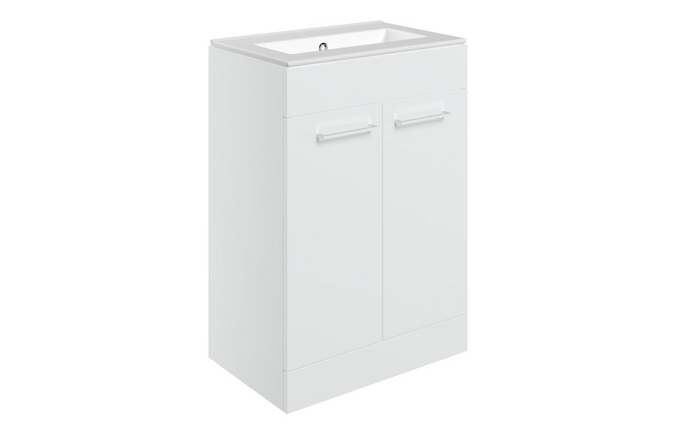 Opulent Leo 610mm Floor Standing 2 Door Basin Unit and No Tap Hole Thin Edge Basin - White Gloss (OBC111348)