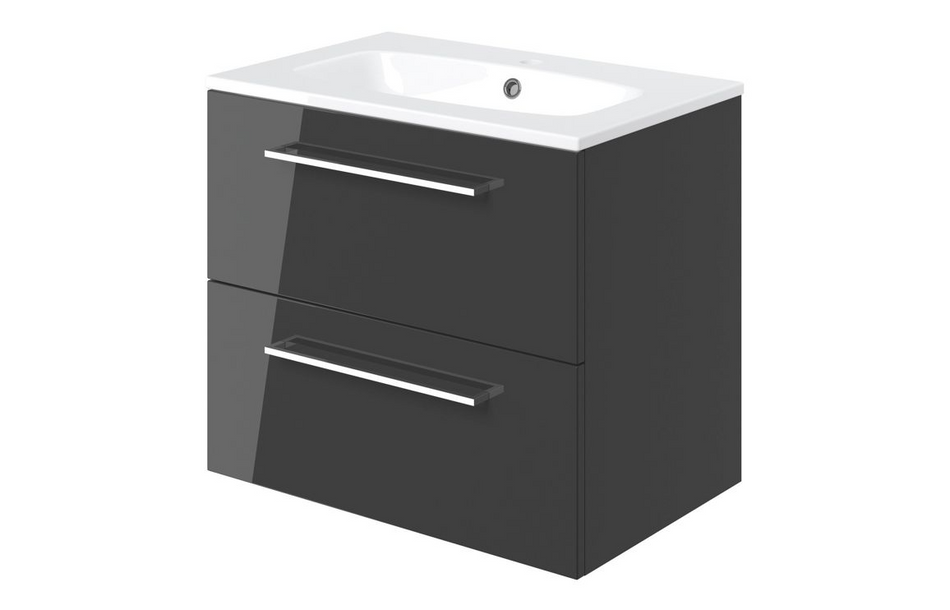 Opulent Leo 610mm Wall Hung 2 Drawer Basin Unit and 1 Tap Hole Thin Edge Basin - Anthracite Gloss (OBC103331)