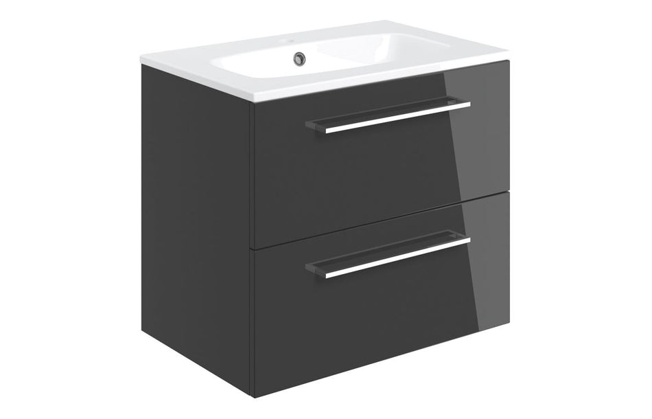 Opulent Leo 610mm Wall Hung 2 Drawer Basin Unit and 1 Tap Hole Thin Edge Basin - Anthracite Gloss (OBC103331)