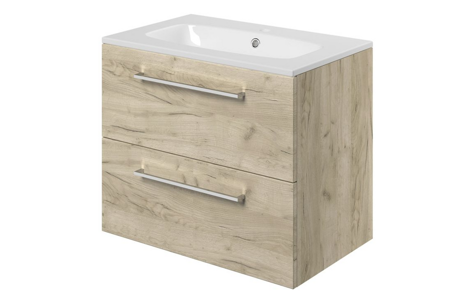 Opulent Leo 610mm Wall Hung 2 Drawer Basin Unit and 1 Tap Hole Thin Edge Basin - Oak (OBC107491)