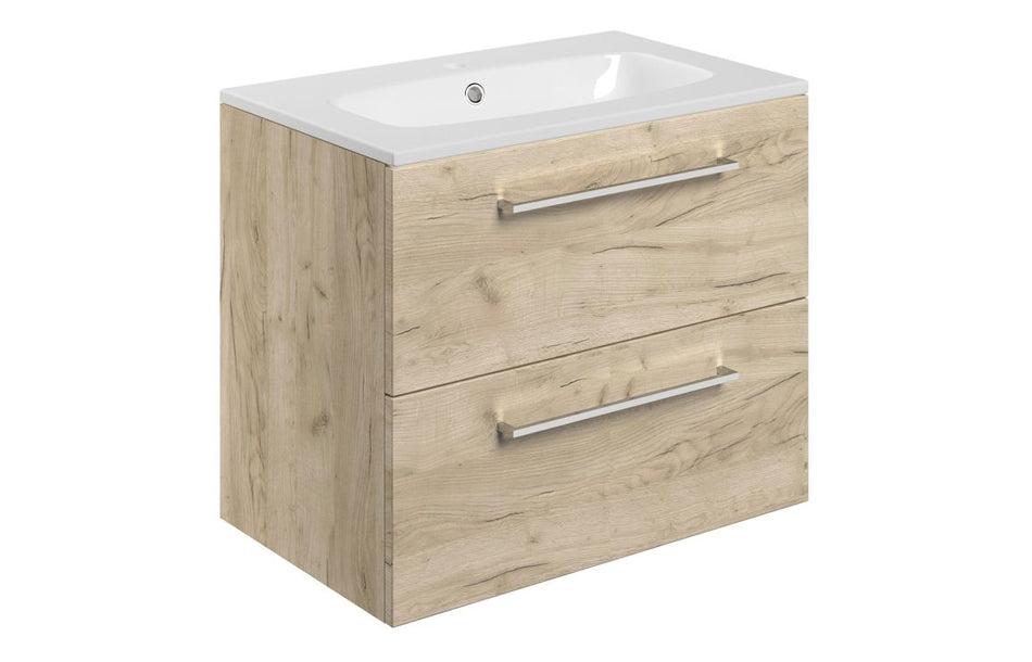Opulent Leo 610mm Wall Hung 2 Drawer Basin Unit and 1 Tap Hole Thin Edge Basin - Oak (OBC107491)