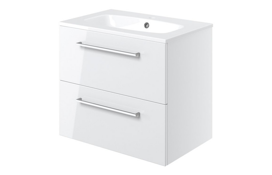 Opulent Leo 610mm Wall Hung 2 Drawer Basin Unit and 1 Tap Hole Thin Edge Basin - White Gloss (OBC103329)