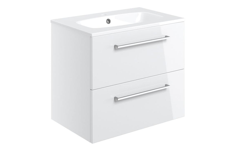 Opulent Leo 610mm Wall Hung 2 Drawer Basin Unit and 1 Tap Hole Thin Edge Basin - White Gloss (OBC103329)