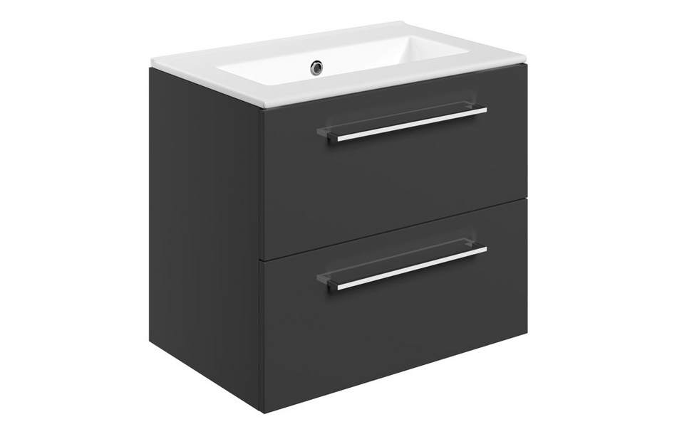 Opulent Leo 610mm Wall Hung 2 Drawer Basin Unit and No Tap Hole Thin Edge Basin - Anthracite Gloss (OBC111346)