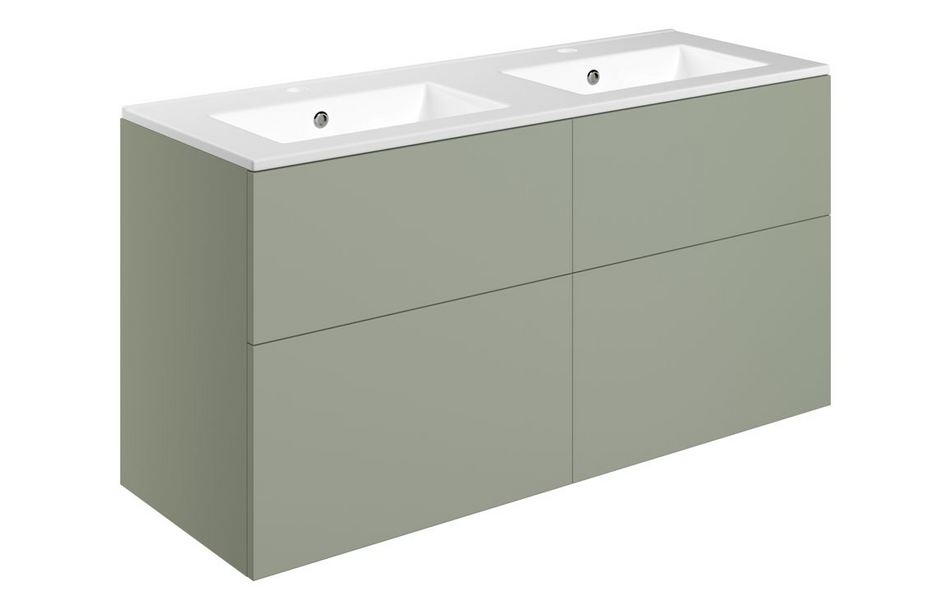 Opulent Messina 1210mm Wall Hung 4 Drawer Basin Unit and 2 Tap Hole Basin - Matt Olive Green (OBC111336)