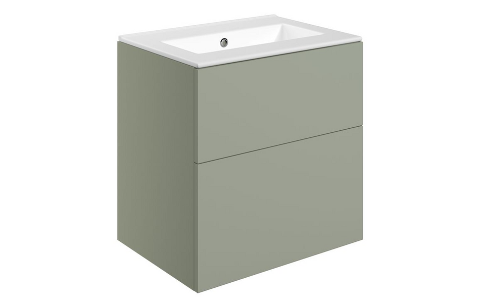 Opulent Messina 610mm Wall Hung 2 Drawer Basin Unit and No Tap Hole Basin - Matt Olive Green (OBC111320)