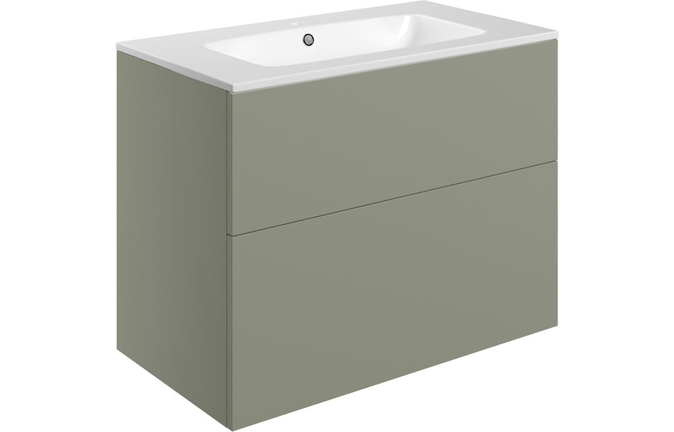 Opulent Messina 815mm Wall Hung 2 Drawer Basin Unit and 1 Tap Hole Basin - Matt Olive Green (OBC106973)