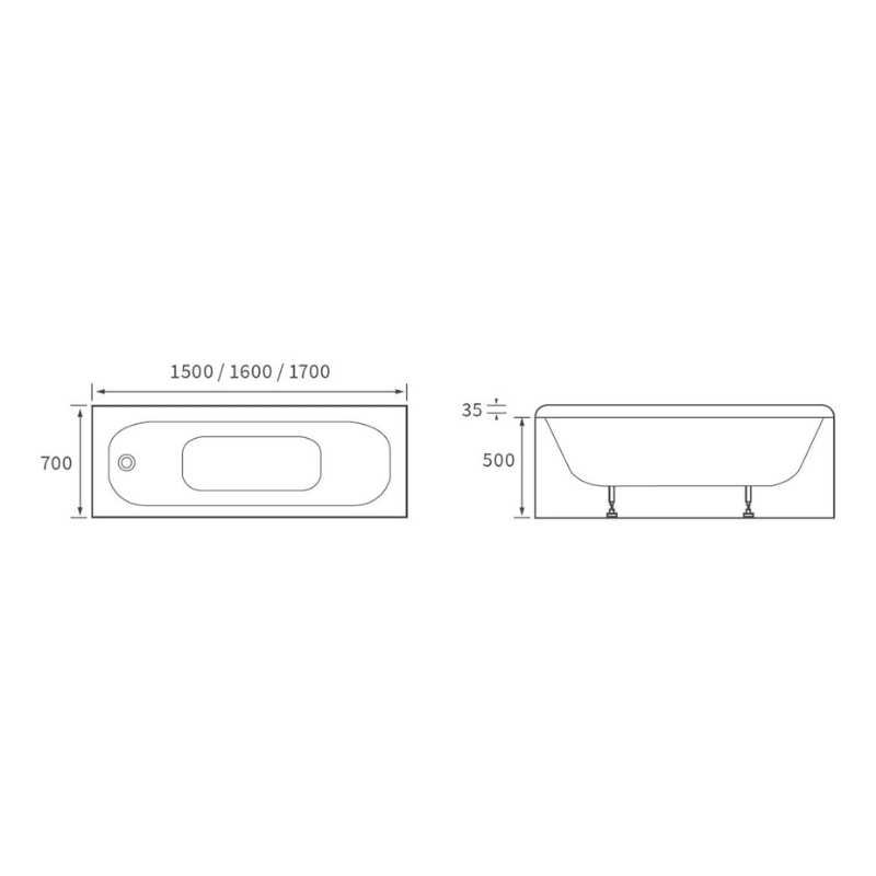 Opulent Moon Steel Single End 1700x700x500mm Two Tap Hole Bath with Legs (OBC100596)