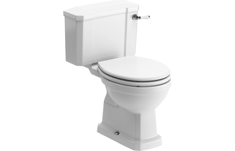 Opulent Normandy Close Coupled Comfort Height WC & Satin White Wood Effect Seat with Brushed Brass Finishes (OBC117087)
