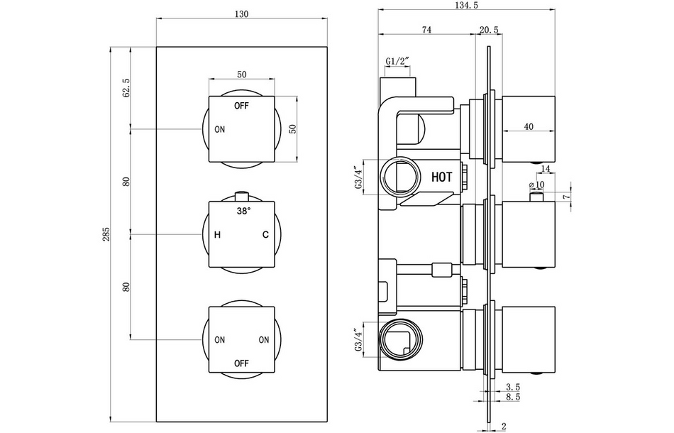 Opulent Parker Thermostatic Three Outlet Triple Shower Valve - Chrome (OBC105846)