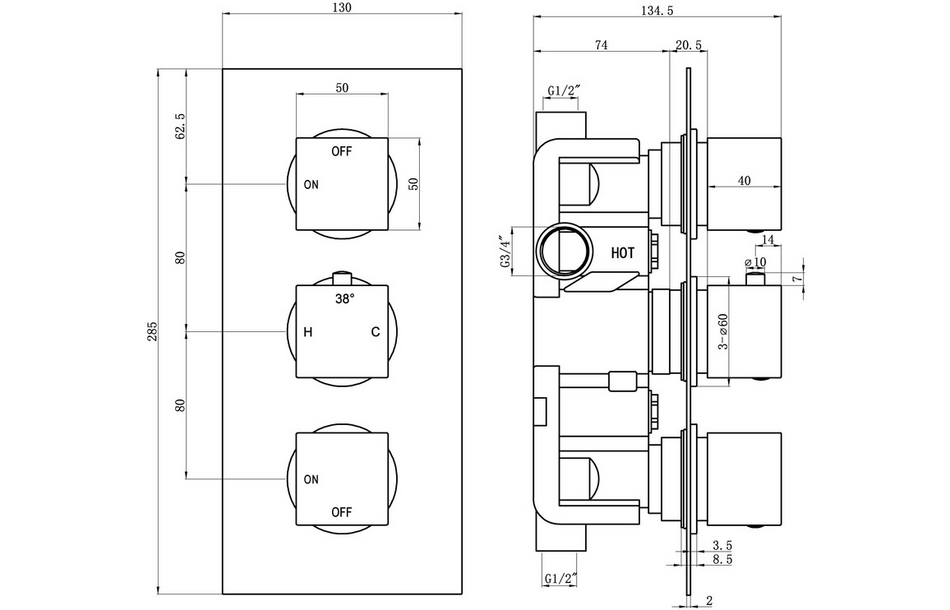 Opulent Parker Thermostatic Two Outlet Triple Shower Valve - Chrome (OBC105845)