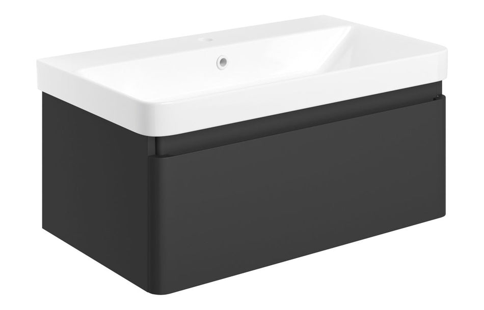 Opulent Pierford 805mm Wall Hung 1 Drawer Basin Unit and Basin - Matt Black (OBC108935)