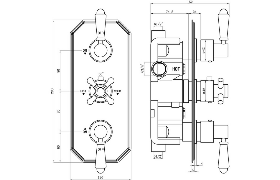 Opulent Rosefield Traditional Lever Thermostatic Two Outlet Shower Valve - Chrome (OBC105882)