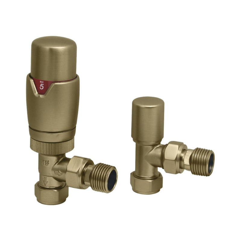 Opulent Round Thermostatic Brushed Brass Radiator Valves - Angled (OBC108859)