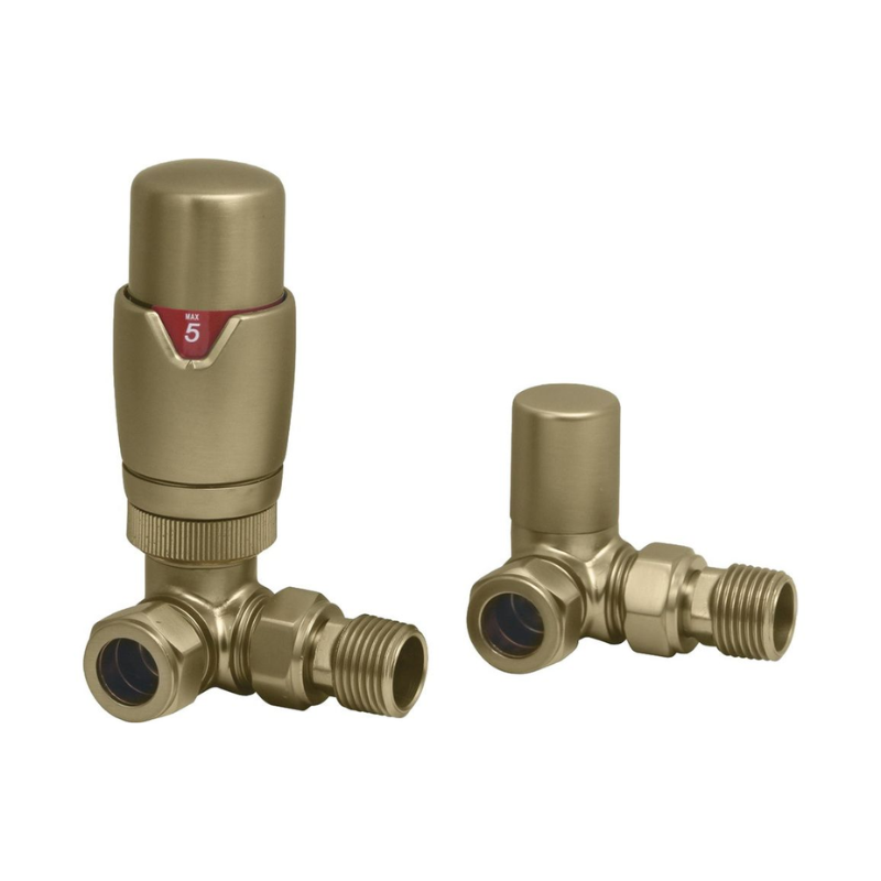 Opulent Round Thermostatic Brushed Brass Radiator Valves - Corner (OBC108861)