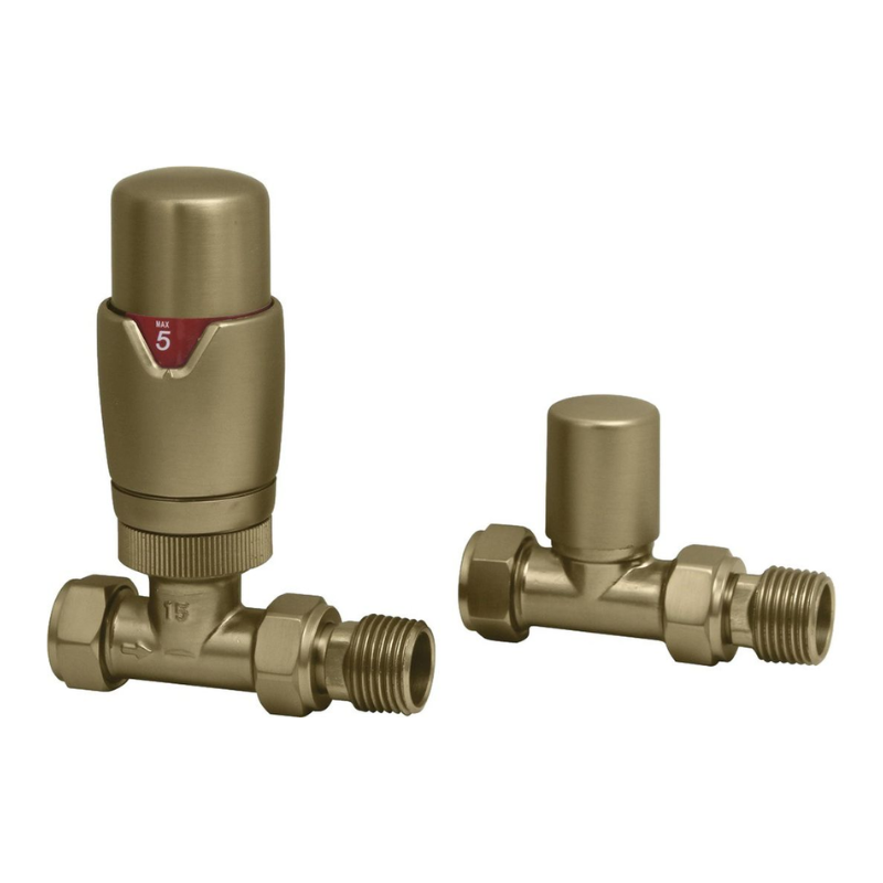 Opulent Round Thermostatic Brushed Brass Radiator Valves - Straight (OBC108860)