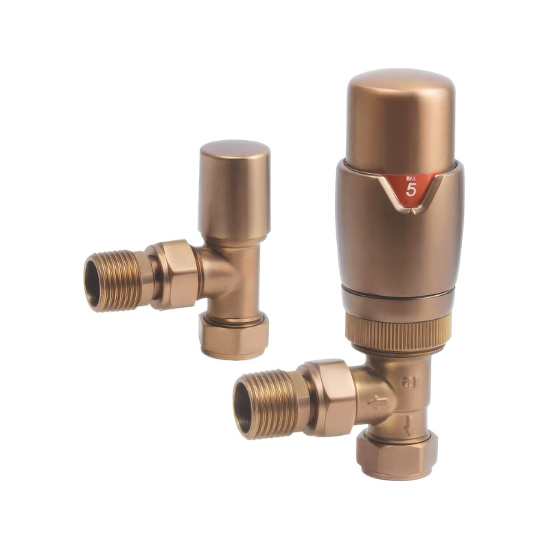 Opulent Round Thermostatic Brushed Bronze Radiator Valves - Angled (OBC108863)
