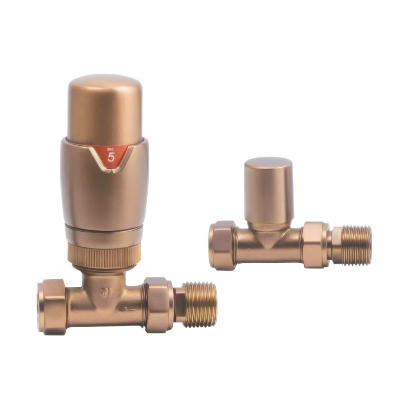 Opulent Round Thermostatic Brushed Bronze Radiator Valves - Straight (OBC108864)