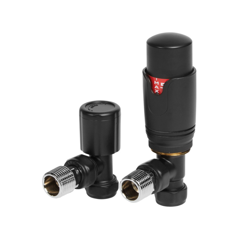 Opulent Round Thermostatic Matt Black Radiator Valves - Angled (OBC104999)