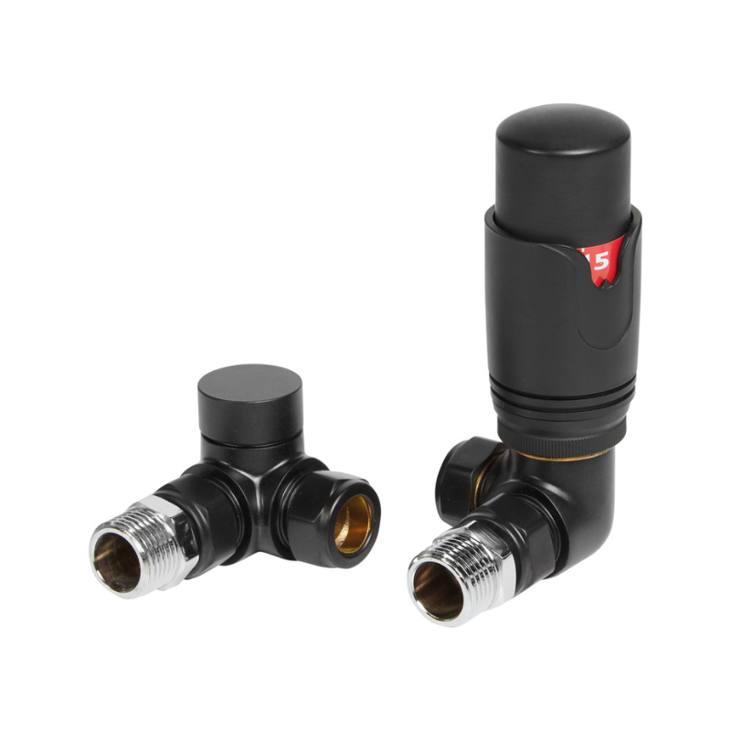 Opulent Round Thermostatic Matt Black Radiator Valves - Corner (OBC105001)