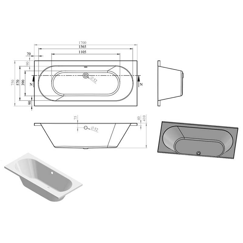 Opulent Sinatra Round Double End 1700x750x550mm Bath with Legs (OBC105644)