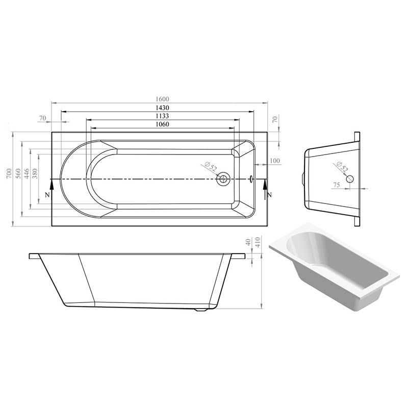 Opulent Sinatra Round Single End 1600x700x550mm Bath with Legs (OBC105629)