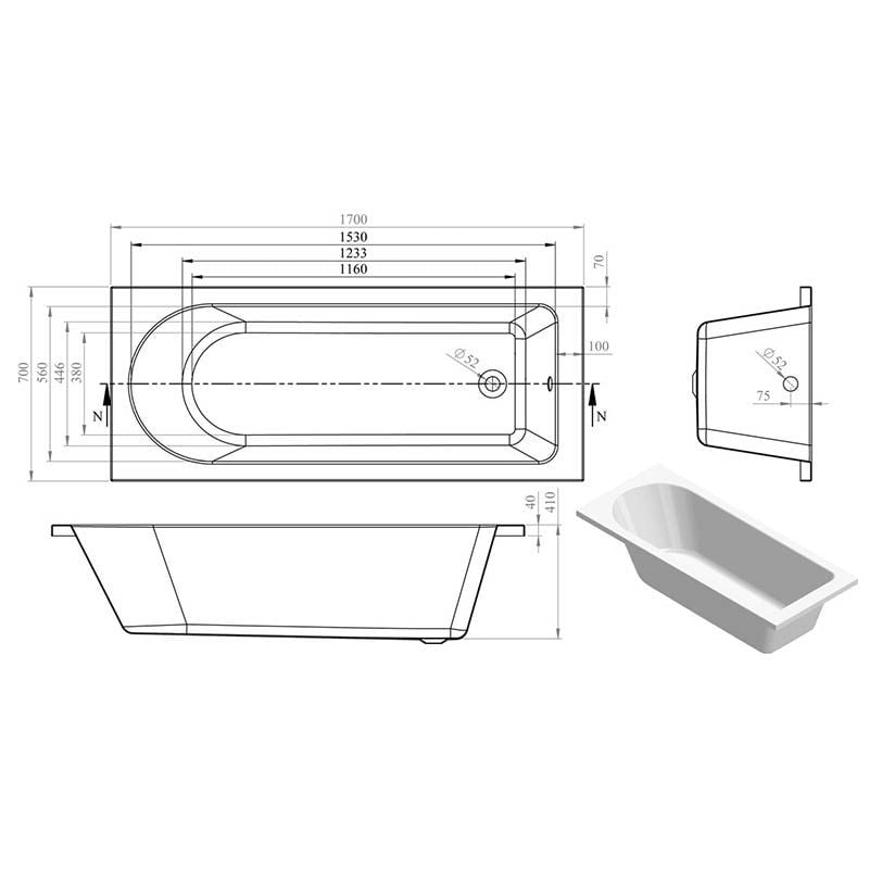 Opulent Sinatra Round Single End 1700x700x550mm Bath with Legs (OBC105630)