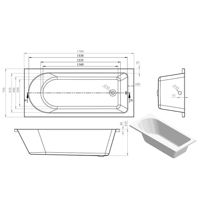 Opulent Sinatra Round Single End 1700x750x550mm Bath with Legs (OBC105631)