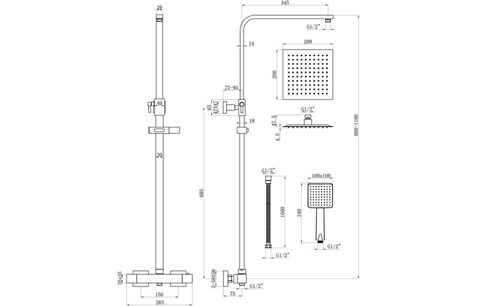 Opulent Square Thermostatic Bar Mixer with Riser Kit - Chrome (OBC111608)