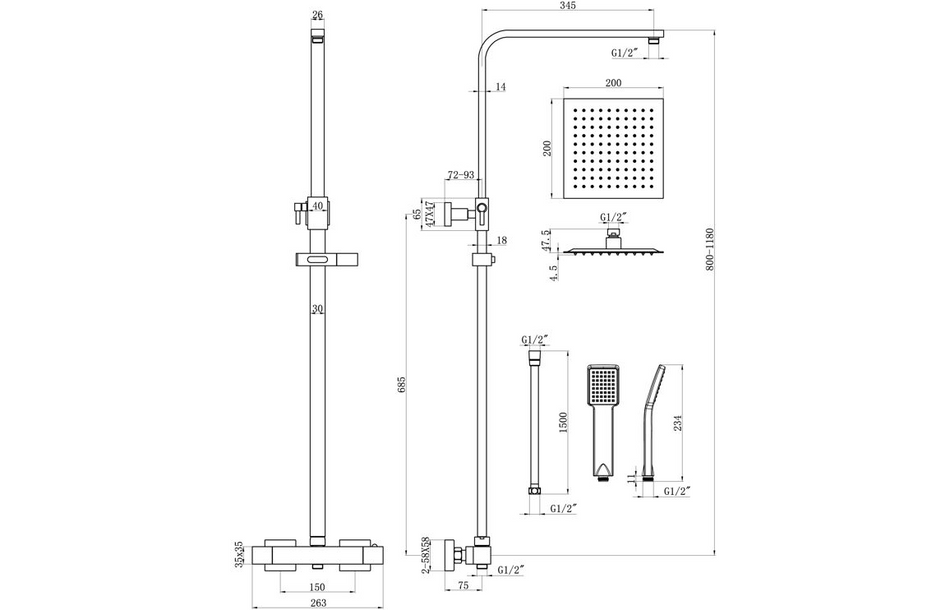 Opulent Square Thermostatic Bar Mixer with Riser Kit - Matt Black (OBC111609)