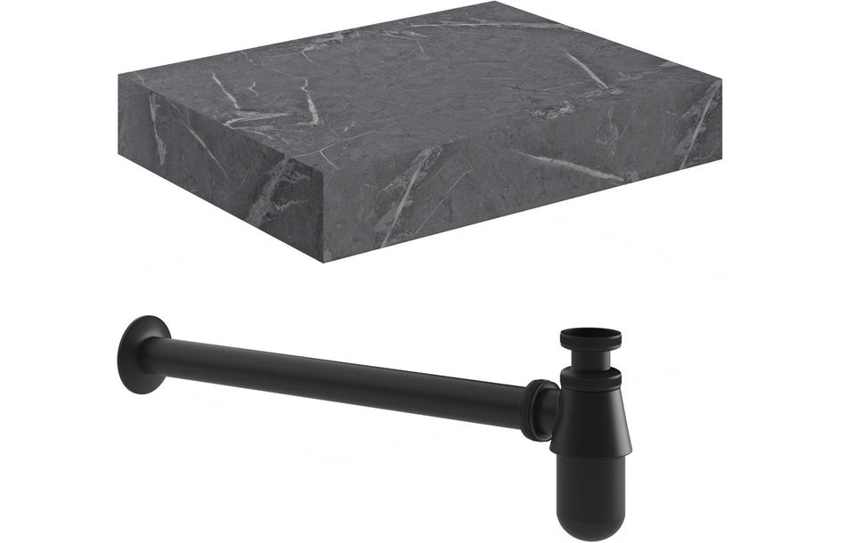 Opulent Stutely 600mm Wall Hung Grey Marble Basin Shelf and Black Bottle Trap (OBC106944)