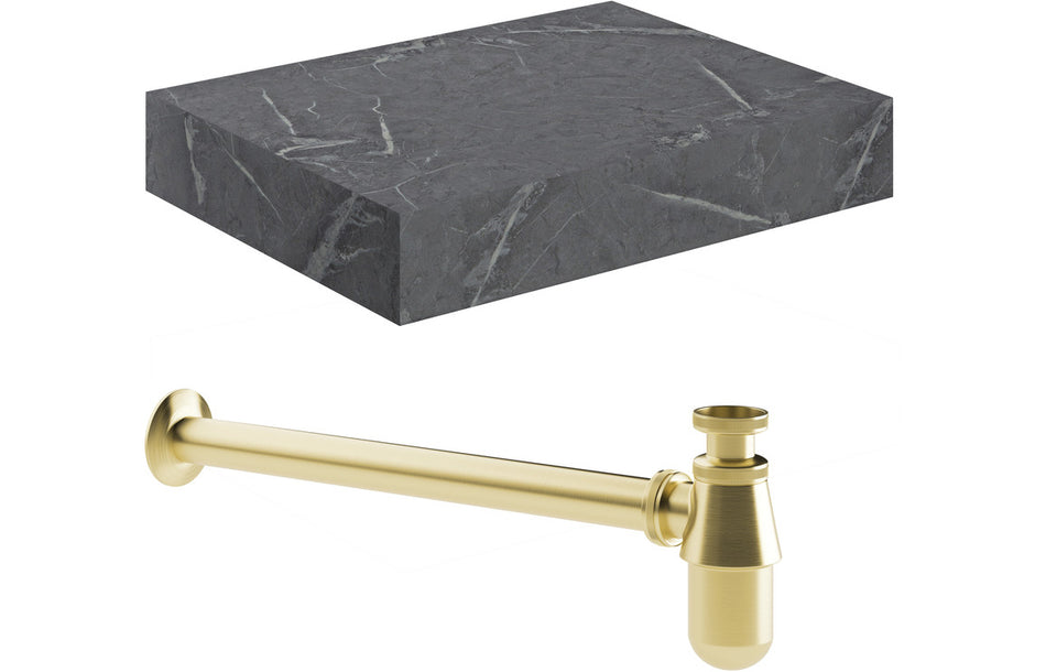 Opulent Stutely 600mm Wall Hung Grey Marble Basin Shelf and Brushed Brass Bottle Trap (OBC106945)