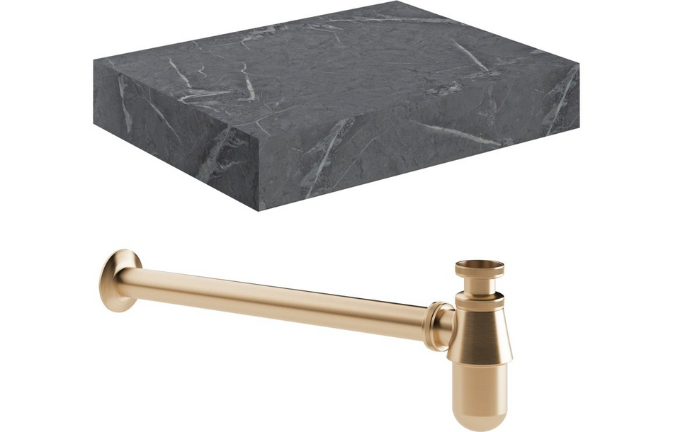 Opulent Stutely 600mm Wall Hung Grey Marble Basin Shelf and Brushed Bronze Bottle Trap (OBC108908)