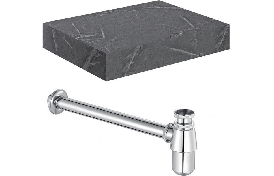 Opulent Stutely 600mm Wall Hung Grey Marble Basin Shelf and Chrome Bottle Trap (OBC106943)