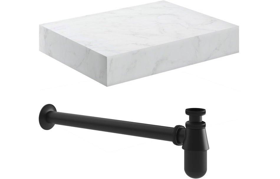 Opulent Stutely 600mm Wall Hung White Marble Basin Shelf and Black Bottle Trap (OBC106958)